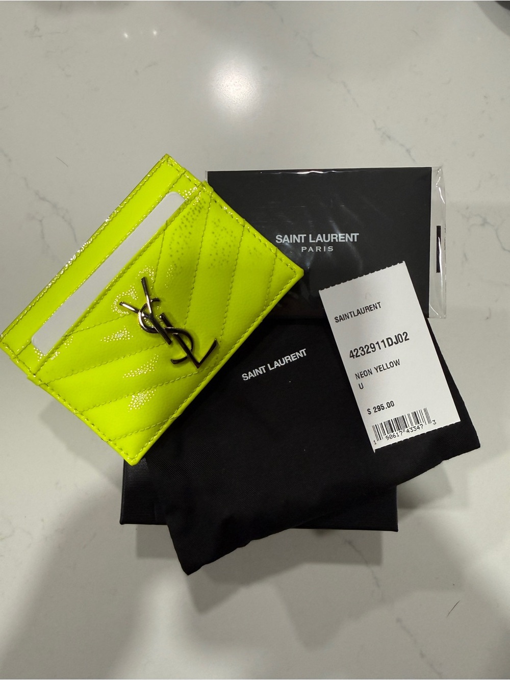 Authentic Saint Laurent Neon Yellow Quilted Patent Card Case with YSL Logo